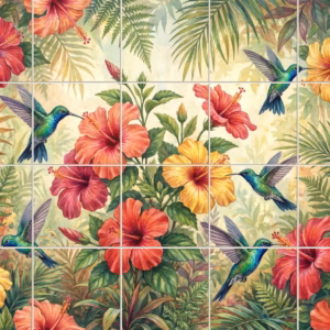 A watercolour tile mural of hummingbirds and colourful hibiscus flowers in a tropical jungle.