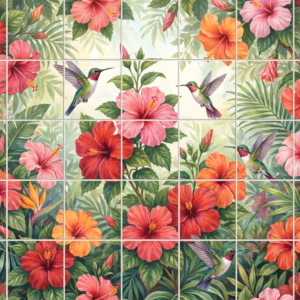 A tile mural of hummingbirds flying among red and pink hibiscus flowers.