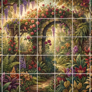 An illustrative tile mural of a lush secret garden with a stone arch.