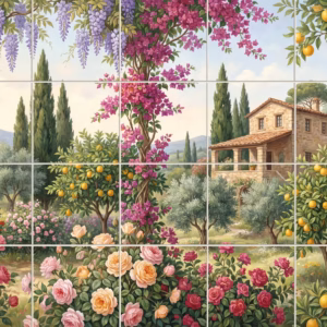 Tile mural of an Italian villa in a garden with roses and wisteria.