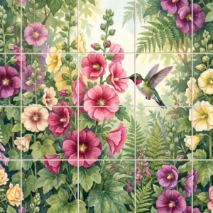 Watercolour tile mural of a hummingbird feeding from pink hollyhocks in a garden.