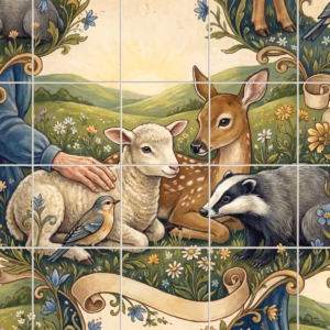 A classical illustration tile mural of friendly woodland animals in a green meadow.