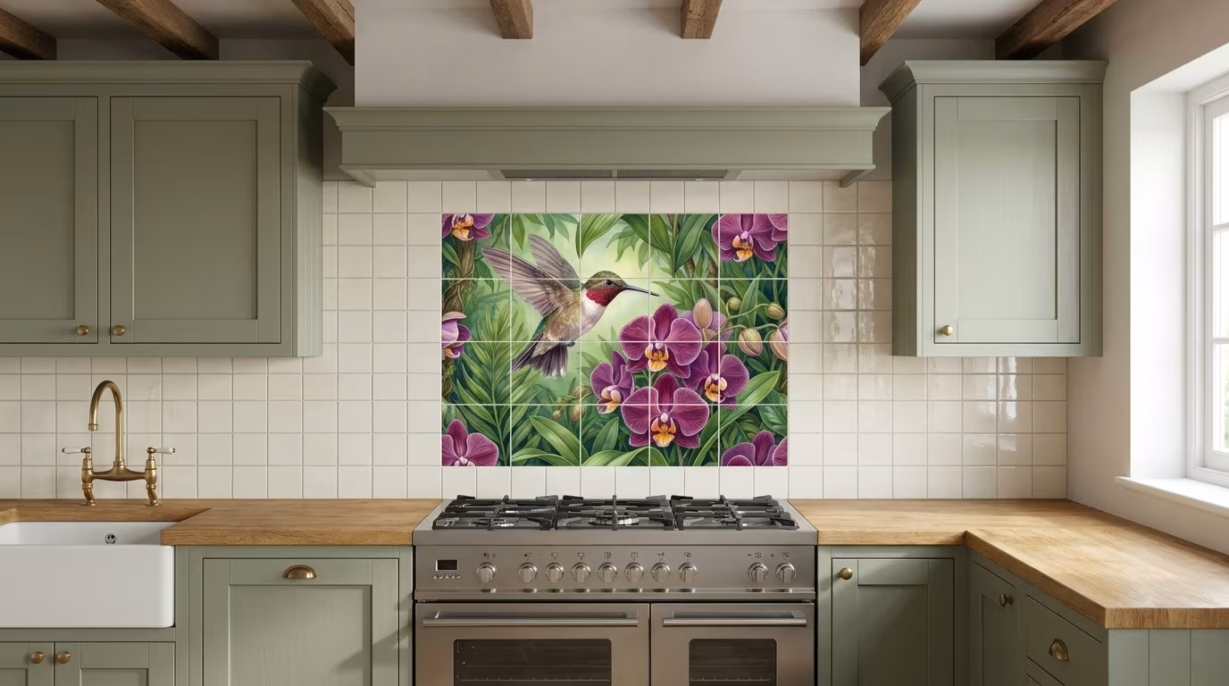 Hummingbird and Orchids - Tile Mural - Image 2