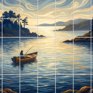 Hunter Heading Out tile mural: a painting of a person fishing from a boat on a calm lake.