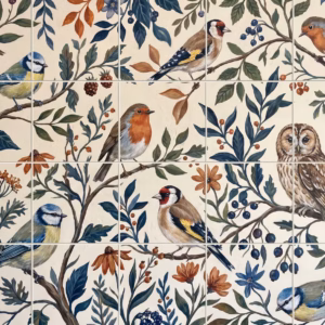 A tile mural featuring illustrated British birds like robins, blue tits and an owl.