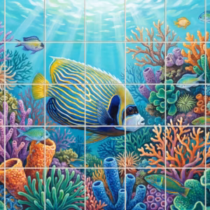 A painterly mural of a large yellow and blue angelfish swimming in a coral reef.
