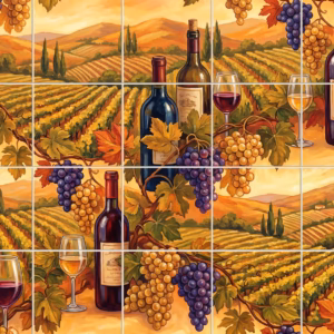 Tile mural of wine bottles and grapes overlooking a rolling Italian vineyard.