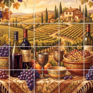 Tile mural of a still life with wine and grapes before a Tuscan vineyard.