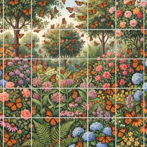 An illustrative tile mural of monarch butterflies flying through a lush, colourful garden.