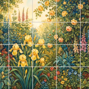 A painterly tile mural of a dense garden with yellow irises and roses.
