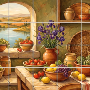 Painterly still life of fruit and flowers in a rustic kitchen overlooking a lake.