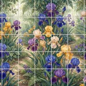 A painterly tile mural of a woodland garden filled with colourful iris flowers.