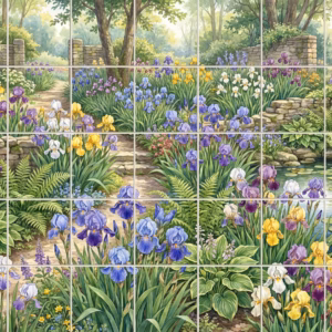 A tile mural of a watercolour painting showing a garden path with irises.