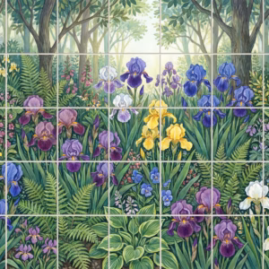 A tiled mural depicting a colourful iris garden in front of a sunlit woodland.