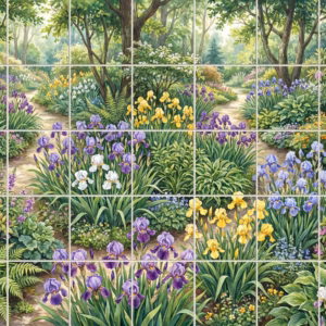 A tile mural of a winding path through a woodland garden filled with irises.