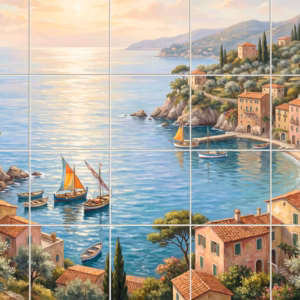 A painting of a colourful Italian village on a cliff overlooking a sea bay.