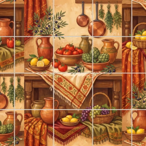 A rustic still life mural of Mediterranean food and pottery on wooden tables.