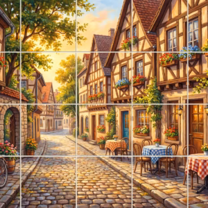 A painterly mural of a sunlit European village street with cobblestones and cafes.