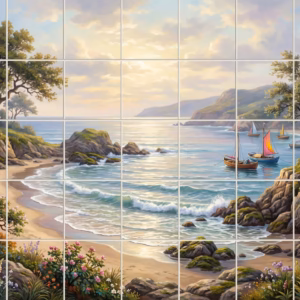 A classical painting of a serene coastal cove with sailboats at sunrise.