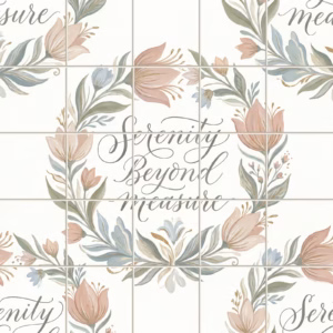 A repeating tile mural with a floral wreath and calligraphy text 'Serenity Beyond Measure'.