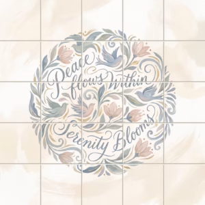 A circular tile mural with birds, flowers, and the words 'Peace flows Within'.