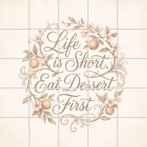 A tile mural with 'Life is Short, Eat Dessert First' in a floral wreath.