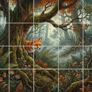 An illustrated mural of a red fox peeking from behind a mossy tree.