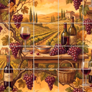 A tile mural of a Tuscan vineyard with red wine and grapes.