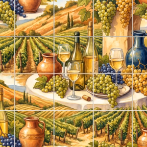 A watercolour tile mural of a wine and grape still life in a vineyard.