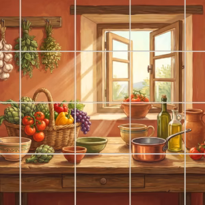 Illustrative mural of a rustic kitchen with fresh vegetables on a wooden table.