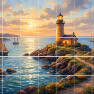 Painting of a lighthouse on a rocky coast at sunset with sailboats.