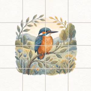 Illustrative tile mural of a kingfisher bird on a branch in a country landscape.