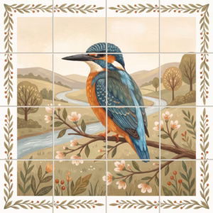 A tiled mural of an illustrative kingfisher on a branch overlooking a river.