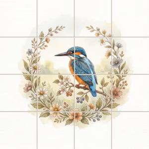 Watercolour tile mural of a kingfisher on a branch inside a floral wreath.