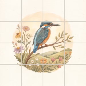 Watercolour tile mural of a kingfisher perched on a branch surrounded by flowers.