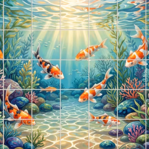 An underwater painting of several koi carp swimming amongst plants and rocks.