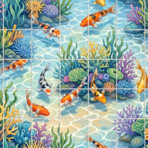 A tile mural of colourful koi carp swimming in a bright, underwater garden.