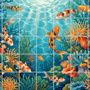 A colourful Japanese illustration tile mural of koi carp swimming amongst coral.