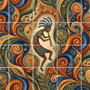 A tiled mural of Kokopelli flute players amid colourful, swirling abstract patterns.