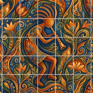 Abstract folk art mural of stylised figures playing flutes amid blue and orange swirls.