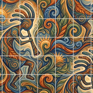 A folk art tile mural with abstract flute players, suns, and leaves.