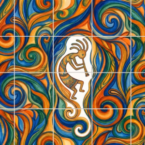 A folk art tile mural with Kokopelli figures playing flutes amid colourful swirls.