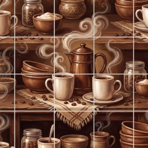 A painted tile mural of steaming coffee cups, pots, and beans on shelves.