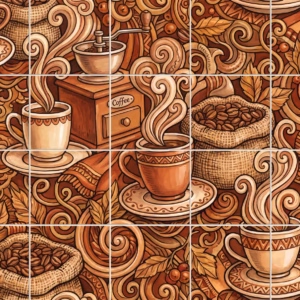 An illustrative coffee-themed pattern with cups, a grinder, and beans in brown tones.