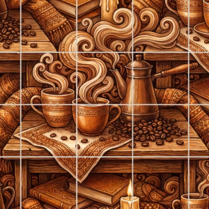 A stylised illustration of a cosy coffee scene with mugs, beans, and books.