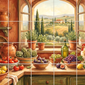 A painted mural of a rustic kitchen window looking out onto a Tuscan landscape.