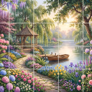 A painterly mural of a lush garden with a gazebo by a tranquil lake.