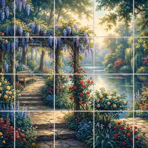 Lakeside Arbor tile mural: a painted mural of a garden path with a wisteria pergola and roses by a river.