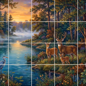 A tile mural of a deer family and a heron in a forest by a river at sunrise.
