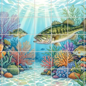An illustration of a large bass fish swimming through a colourful coral reef.